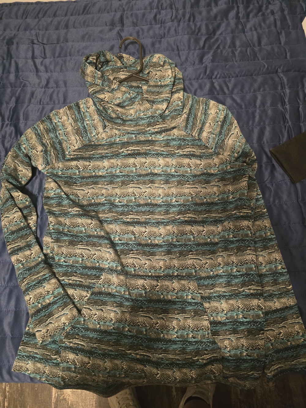 LuLaRoe Blue and Gray Striped Cowl Neck With Hood